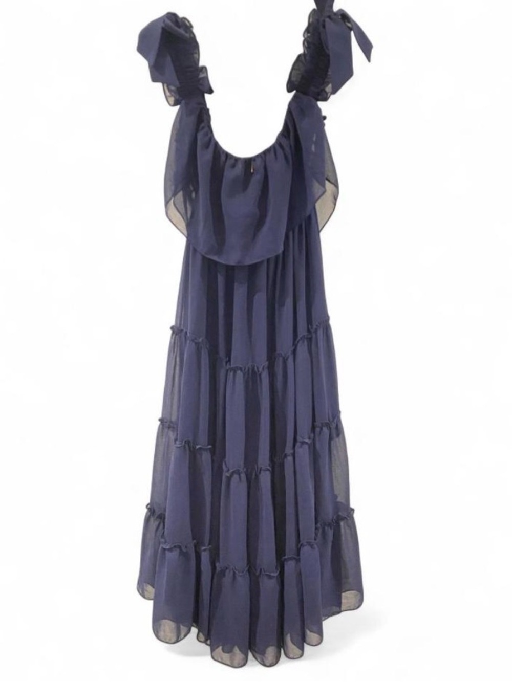 Misa Los Angeles Micaela Off-Shoulder Navy Tiered Ruffle Midi Dress 💙 - Picture 4 of 6